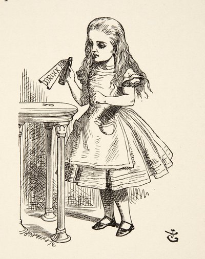 Alice che guarda la bottiglia Drink Me, da Le Avventure di Alice nel Paese delle Meraviglie di Lewis Carroll, pub. 1891 da John Tenniel